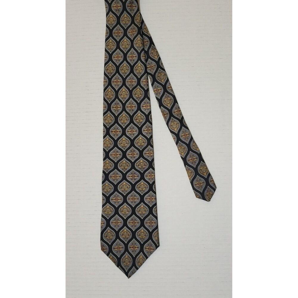 Oscar de la Renta Made in USA Mens Silk Tie 4"x56" Blue Grey Yellow Medallion - Picture 2 of 6